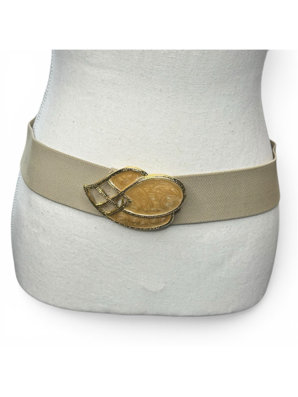Vintage 80s Cream Stretch Belt Gold Art Deco Buckle Minimalist Retro Waist Belt